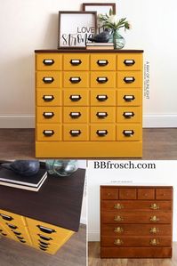 This mustard dresser is perfect for fall. I’m loving the color. The before and after is making my organization heart so happy. This is dreamy! #bbfrosch #chalkpaint #dresser #paint #diy #homedcor