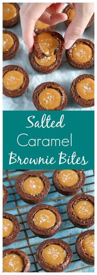 These homemade brownie bites are filled with an easy two-ingredient caramel filling and topped off with sea salt! They are the perfect dessert for any of your holiday parties! Your family and friends will love them. Try making your own salted caramel brownie bites today! #brownies #caramel #holiday #homemade #easy #desserts #recipes