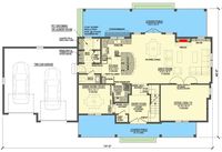 Main level floor plan of a two-story 5-bedroom modern farmhouse with front and rear porches, foyer, great room, kitchen, formal dining room, office/den, and a mudroom that opens to the double garage.