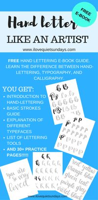 FREE hand lettering and brush lettering ebook. 45 pages of information, worksheets, and cute lettering examples #handlettering