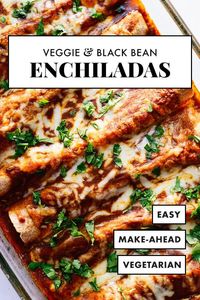 The BEST vegetarian enchiladas, stuffed with broccoli, bell pepper, spinach and black beans, topped with homemade red sauce! Everyone will love this healthy vegetarian enchilada recipe. #cookieandkate #veggieenchiladas #vegetarian #healthyrecipe #mexican