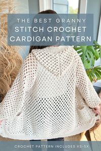 This pattern uses a simple granny stitch cluster pattern featuring double crochet stitches and ch-1 spaces. The result is a beautiful and textured cardigan that you can wear on many occasions. It is beginner-friendly and includes sizes from XS-5X, allowing you to tailor it to your preferences and style.