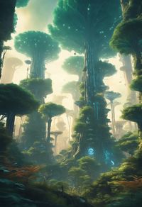 A futuristic elven tree cities. Alien Famtasy World