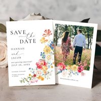 Enchant your guests with our beautiful Colorful Wildflower Photo Wedding Save the Date cards. These delightfully captivating cards feature a watercolor floral design inspired by the vibrant hues of a summer garden. Every card is a testament to the joy of love, blossoming like beautiful wildflowers. Providing a prelude to your special day, these cards are perfect to stir the emotions and build anticipation among your loved ones. You may choose to add a personal touch by incorporating your favorite photo within the design.