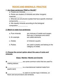 Rocks and mineral practice worksheet