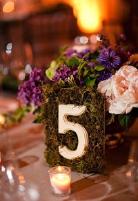 Wooden number against a moss backdrop frame