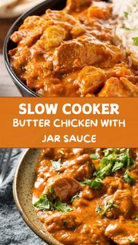 This slow cooker butter chicken with jar sauce is as easy and delicious as Bored of Lunch Butter Chicken Curry, cooked using chicken, Tikka Masala sauce, curry paste, and heavy cream.  To make butter chicken with jar sauce in your slow cooker or crockpot, simply combine all ingredients except the cream, cook on low for 6-8 hours, then stir in the cream during the last 20 minutes.