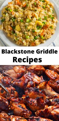 Delicious recipe ideas to make on your blackstone griddle. Blueberry pancakes, loaded omelet, burgers, chicken teriyaki, fried rice, and mixed vegetables.