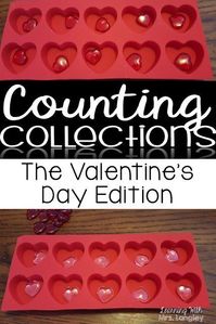 I found some really fun Valentine's Day props to add to our counting collections bins. I have been searching for these for FOREVER! Silicone ice cube trays in the shape of a heart!