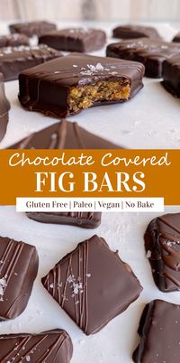 This healthy fig bar recipe has a dried fig and hazelnut filling that's coated in dark chocolate. These fig bars are Paleo, Vegan and no bake - a great summer dessert or easy holiday treat. #figbars #paleo #vegan #healthy #nobake #figs