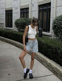 Hair pulled back outfits /white crop too outfits / gold jewelry outfits / womens denim shorts outfits / loafer shoes outfits / loafers outfits / womens loafers / summer outfits