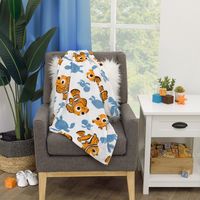 Wrap your baby in cozy comfort with the Disney Baby Finding Nemo Super Soft Baby Blanket! This french fiber blanket features an all over print of Nemo, Crush and Squirt in cool colors of aqua, orange and white. Measures 30" x 36" and is made of snuggly soft fabrics. This blanket makes a wonderful gift and coordinates with the full line of Disney Baby Blankets! Machine washable for easy care!