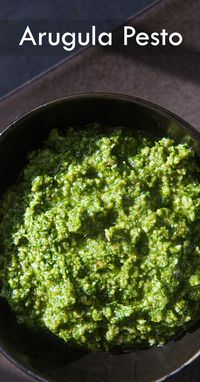 Arugula Pesto ~ Arugula pesto made with fresh arugula leaves, garlic, olive oil, walnuts, and Parmesan cheese. ~ SimplyRecipes.com