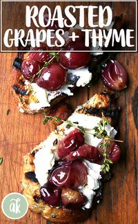 Thyme-roasted grapes with homemade ricotta and grilled bread — always a crowd pleaser. #appetizer #newyearseve #grapes #ricotta