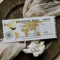 Boarding pass wedding ticket invitation featuring a elegant gold foil destination world map, compass, airplane, a personalized wedding invite  template, and a rsvp section.