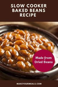 Baked Beans are always a must when it comes to any potluck, tailgait party, or backyard barbecue! And they taste so much better than store-bought brands! These thick and delicious homemade baked beans made from dried beans and cooked in a slow cooker for an easy to make side dish recipe@