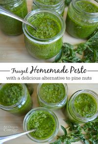 A frugal pesto recipe made with an alternative to pine nuts that we like even better! Homemade pesto is WAY better than what you buy in the store and you can freeze it to be able to use all winter long. Click for the recipe and tips for freezing! #pestorecipes #preservingrecipes #freezingrecipes #basilrecipes #anoregoncottage