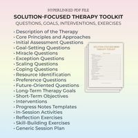 The Solution-Focused Therapy Toolkit is designed to equip therapists and clients with the essential strategies and exercises inherent in Solution-Focused Brief Therapy (SFBT). At its core, this toolkit focuses on leveraging client strengths, setting clear goals, and identifying actionable steps toward achieving these goals. It includes innovative tools such as the Miracle Question, scaling questions for evaluating progress, and specific techniques for highlighting exceptions--times when problems