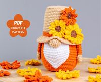 Crochet Patterns Garden Gnome, Crochet Sunflower Pattern, Gnome Amigurumi Pattern, Crochet Gnome Pattern With Crochet Flowers - Etsy