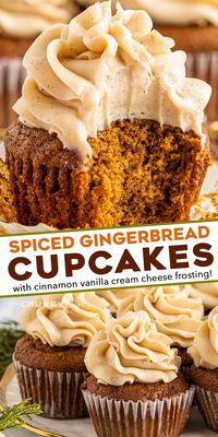 These moist and tender Gingerbread Cupcakes are packed with the rich flavor of molasses and warm holiday spices. Topped with a silky vanilla and cinnamon cream cheese frosting, these cupcakes are the perfect holiday dessert! #cupcakes #gingerbread #baking #dessert