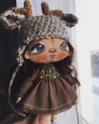 Little textile doll deer Animal hat Horns Miniature toy Designer collection doll Bambi doll Kawaii toy Deer hat doll   growth 10 centimeters (4 inches)...😉❤  Doll keychain.❤ It can be hung in the car 🚗 , on the bag 👜, on the satchel 🎒 , over the Desk 😉 and even on the Christmas tree 🌲 ... or take with you on a trip