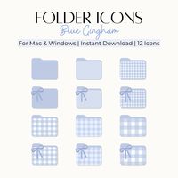 💙 12 Blue Gingham Folder Icons for Mac & Windows PC Elevate your digital workspace with our adorable Blue Gingham Folder Icons bundle! Perfect for organizing files and folders on both Mac and Windows PCs. This set includes 12 meticulously crafted icons, featuring a delightful blue gingham pattern. Six of these icons are adorned with a cute bow, adding an extra touch of sweetness to your desktop experience. Plus, enjoy the bonus of 6 organizer wallpapers to further personalize your desktop exper