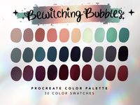 Bewitching Bubbles Color Palette For Procreate This color palette contains 30 color swatches to use in Procreate App. These colors were handpicked and were inspired by cute Halloween colors. ⭐️ || YOU WILL RECEIVE || ⭐️ 1 x Procreate Palette Instructions 1 x JPG file with all swatches 1 x Bewitching Bubbles Color Palette for Procreate || .swatches file ⭐️ || HOW TO USE || ⭐️ 1. You will receive an email after you complete checkout with a link to download the files. 2. You can also log into your