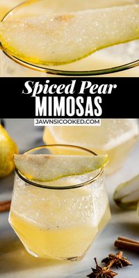 This Spiced Pear Prosecco Mimosa recipe combines spiced fall simple syrup, pureed pears (or pear nectar) and bubbly and sweet Italian Prosecco for a spiced twist on a classic brunch cocktail!