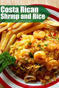 Bring beach vibes home with this traditional Costa Rican recipe for shrimp and rice that combines white rice, shrimp, cilantro, onion and Salsa Lizano for the perfect Costa Rican main dish. Latin food, pescatarian, gluten free, family dinner recipe, central american food