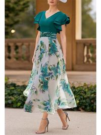 A-Line Mermaid / Trumpet Mother of the Bride Dress Elegant Party V Neck Floor Length Ankle Length Chiffon 3/4 Length Sleeve Half Sleeve with Sash / Ribbon Ruched Cascading Ruffles 2024