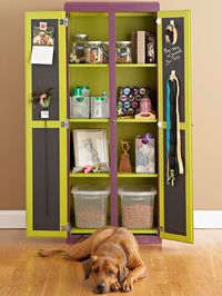 Pet Pantry or anything else pantry and you don't need a new one to do this project....get one from a thrift store and change out the hinges to level the doors....this would be great for kids or storage anywhere...the chalkboard paint only makes it  fun!