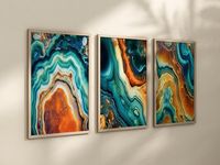 "Bold Abstract Wall Art, Teal Green Blue Gold Agate Geode Photo Paper Prints Set of 3, Navy Teal Orange Marble Abstract Artwork Pictures Includes 3 pieces of wall art with 3 available product options. PRODUCT OPTIONS ➡️ Unframed Photo Prints ➡️ Gallery Wrap Canvas ➡️ Framed Photo Prints (Click through the listing photos to see product options.) ➡️ PHOTO PRINT OPTION 🔸Printed borderless on Lustre \"E\" professional photo paper with a fine grain pebble texture. 🔸Features a rich, sharp color that