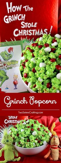 The Original Grinch Popcorn - a fun Christmas Treat that your family will love. Sweet, salty, crunchy, delicious, this Christmas dessert is so very easy to make. It would be a great How the Grinch Stole Christmas family movie night dessert or Christmas Party dessert! Pin this yummy Grinch treat for later and follow us for more fun Christmas Food ideas. #Grinch #GrinchPopcorn #ChristmasTreats #ChristmasDesserts #ChristmasFood #HowTheGrinchStoleChristmas