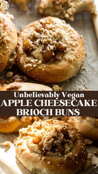 These pillowy soft vegan apple cheesecake brioche buns are a twist on the classic cream cheese danish using a yeast risen enriched dough instead of puff pastry! The centers are filled with a gooey dairy free cheesecake filling, gooey cinnamon apples, and a vanilla crumble to finish!