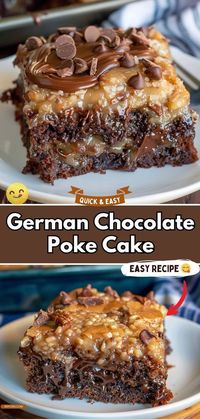 Dive into the rich layers of this German Chocolate Poke Cake, where every bite offers a perfect blend of dark chocolate cake soaked in sweetened condensed milk, topped with a silky chocolate ganache and a luscious coconut pecan frosting. It's a heavenly dessert that will steal the show at any gathering! #GermanChocolateCake #DecadentDesserts #PokeCakeMagic