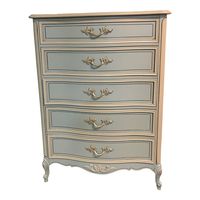 Five drawer vintage Dixie tall chest of drawers painted in a gorgeous combination of French blue and taupe. Check our other listings for the matching dresser. All wood Dixie quality. Gorgeous original vintage hardware. This is right out of a dream and ready for your home.