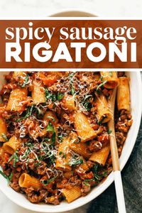 This Spicy Sausage Rigatoni is so simple and SO GOOD. Chewy tubes of rigatoni swimming in a delicious sauce made of Italian sausage, San Marzano tomatoes, red wine, and spices. #pasta #sausage #datenight