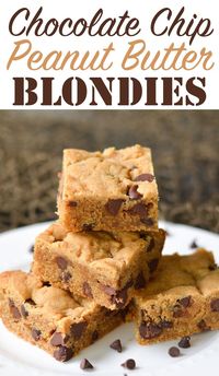 These moist peanut butter blondies are studded with lots of rich chocolate chips. Perfect for dessert or to pair with a cup of coffee!