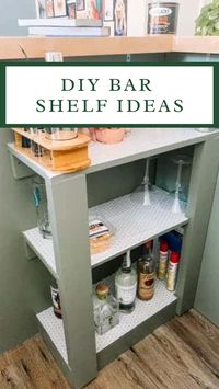 Looking for cool bar shelf ideas that will fit your own home bar? These are simple DIY bar shelving ideas that can be altered to fit our own space and style. The great thing about splitting the bar shelves like this, is that a person can comfortably stand or sit in between these shelves. The wood shelves also, leave enough room for a wine fridge or a kegerator.