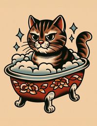 Cat Bubble Bath Traditional Tattoo Print