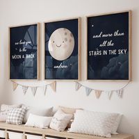 ✨✨Set of 3✨✨ Moon and Stars Print Transform your little one's room with this enchanting printable poster featuring a dreamy moon and sky theme. The tender message, "We Love You to the Moon and Back and More Than All the Stars in the Sky," will add a touch of warmth and affection to their space. Perfect for creating a cozy and loving environment, this poster is an ideal gift for celebrating the boundless love you have for your child. ♥︎ How does it work ♥︎ 1 * Purchase the listing. 2 * Enter the