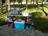 Camp Kitchen with milk crates and can use crates to transport kitchen things - great for hanging pots/ paper towel  etc. Can use moulded plastic top