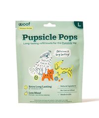 Your pup will love these tasty, long-lasting freezable treats made for the MyWoof Pupsicle toy. Eliminate prep work and save time by popping one of these pre-made treats into your dog’s Pupsicle. No refrigeration is required. You can store them in your pantry or keep a few pops in the freezer so you have a frozen treat on hand at all times. Each bag offers hours of quiet, calm play. One Pupsicle Pop lasts about 30 minutes. Made with natural, domestically-sourced ingredients. Purchase the size th