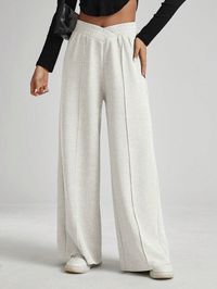 SHEIN Essnce Plush Plush Warm Black V-Waist Elastic Pants Plush Pants For Women Solid Color Asymmetric Waist Toothpick Striped Wide-Leg Loose PantsI discovered amazing products on SHEIN.com, come check them out!