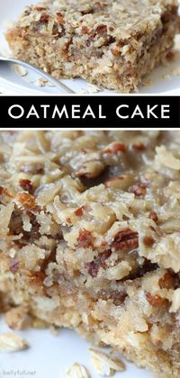 This Oatmeal Cake is a perfect dessert for any time of year. Moist and delicious, topped with coconut and a pecan streusel! #oatmealcake #oatmealcakerecipe #oatmealcakecoconutpecanfrosting #oldfashionedoatsrecipes