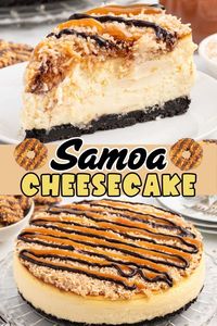 Girl Scout season rolls around once a year but a Samoa Cheesecake recipe is timeless when it mimics the classic cookie. Baked with an Oreo base, creamy cheesecake middle, coconut and caramel covering, and drizzled with stripes of chocolate sauce on top.