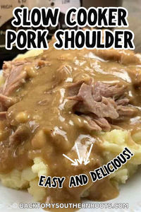 This slow cooker pork shoulder recipe is packed with flavor and is easy to make. The Crock Pot pork roast recipe is made with simple ingredients and will feed a crowd.