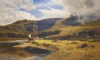 Artwork by Robert Gallon, large mountainous landscape with river and ship to foreground, Made of oil on canvas