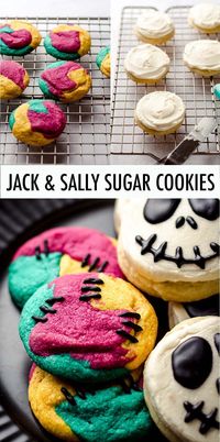 You only need to split ONE batch of cookie dough in half to get both of these adorable Nightmare Before Christmas cookies. Keep the dough as is for the Jack Skellington cookies, then tint the other half three different colors for Sally's stitched up cookies. These Jack and Sally cookies are sure to be a hit at your party! | jack and sally cookies tim burton | jack and sally decorated cookies | jack skellinngton and sally cookies | nightmare before christmas cookies ideas