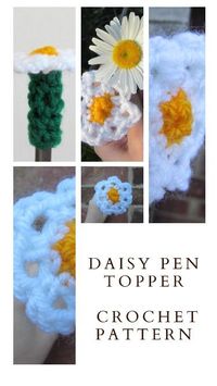 Find the PDF pattern for this cute daisy pen/pencil topper on Lovecrafts and Ravelry. Link goes to Lovecrafts. Click the link for more details.